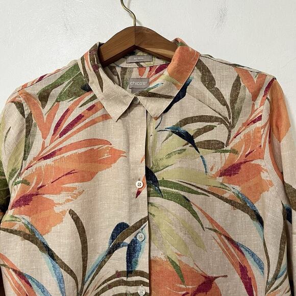 Chicos Linen Hawaiian Tropical Button Shirt Size 14 Multicolor Beachy Resort - Picture 4 of 6